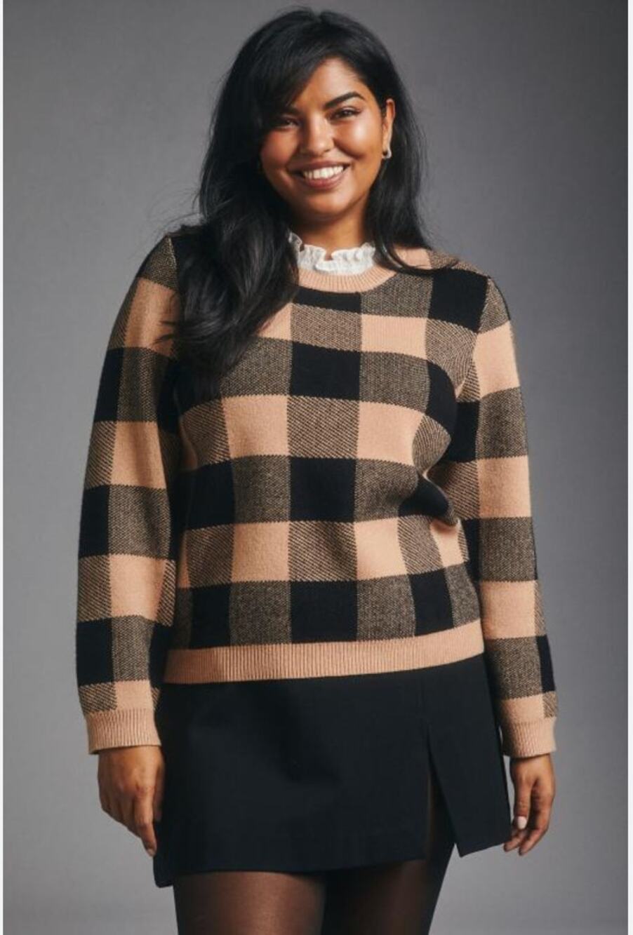 ANTHROPOLOGIE Tan Black Plaid Ruffle Collar Sweater // S